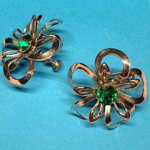 Earring Flower Screwback Silver Green Rhinestone Vintage